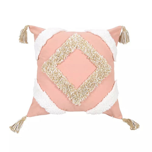 Boho Moroccan Geometric Tassel Cushion Cover | Pink Tufted Cotton