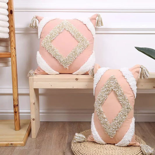Boho Moroccan Geometric Tassel Cushion Cover | Pink Tufted Cotton
